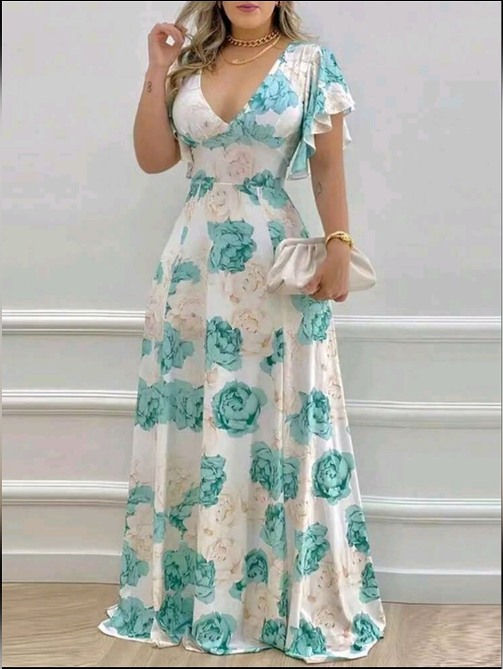 NWOT Floral Flowy V-Neck Maxi Dress White And Teal